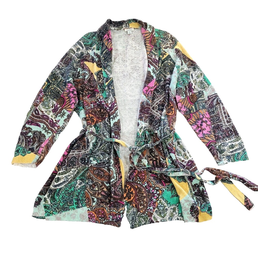 Sundance Anthropologie Knit Linen Cardigan Duster XL Paisley Floral Tie boho